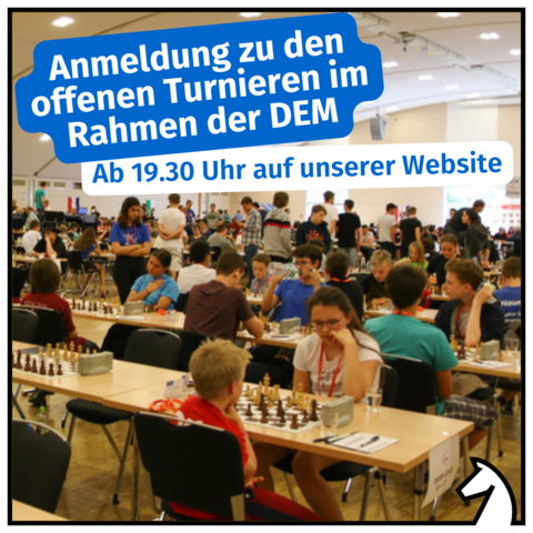 Bild vom Turniersaal der Deutschen Jugendeinzelmeisterschaft, Beschriftung: Anmeldung zu den offenen Turnieren im Rahmen der DEM ab 19.30 Uhr auf unserer Website