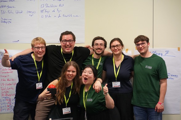 Unseriöses Gruppenfoto des Teams (7 Personen) vor einer Wand voller vollgekitzelter Flipchartpapiere.