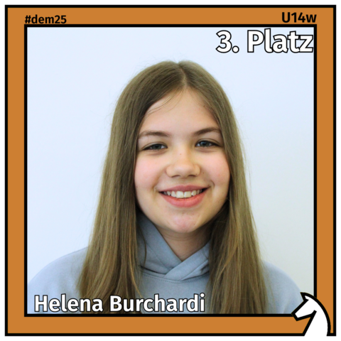 Zu sehen ist die Drittplatzierte der U14w, Helena Burchardi, in einem bronzenen Rahmen