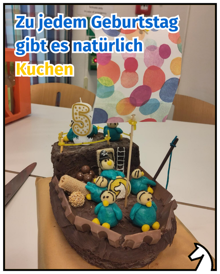 Titel: "Zu jedem Geburtstag gibt es natürlich Kuchen." Kuchen in Schiffsoptik mit kleinen Chessys ( Maskottchen) und einer Kerze in Form einer Fünf.