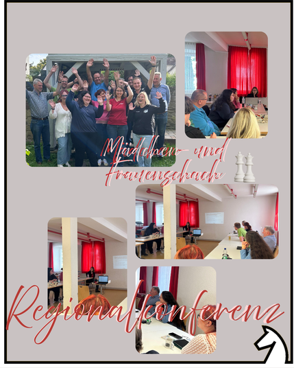 Collage an Bildern, die den Titel trägt: „Regionalkonferenz, Mädchen- und Frauenschach“. Gruppen der Teilnehmenden sowie von dem Kongress.