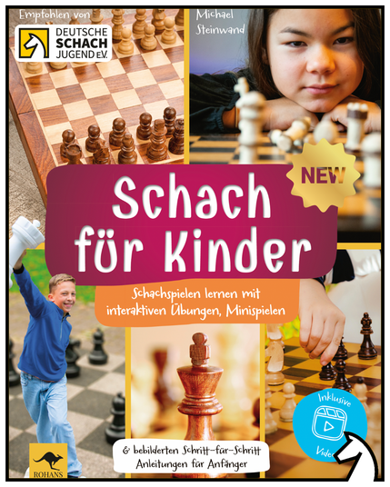 Titelseite des Buches mit dem Titel: "Schach für Kinder" . Verschiedene Bilder von Schachbrettern und Kindern, die freude an Schach haben.