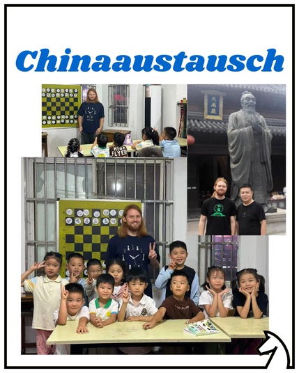 Titel: "Chinaaustausch". Kollage an Bildern von einem Schachtrainer und Schülern aus China.