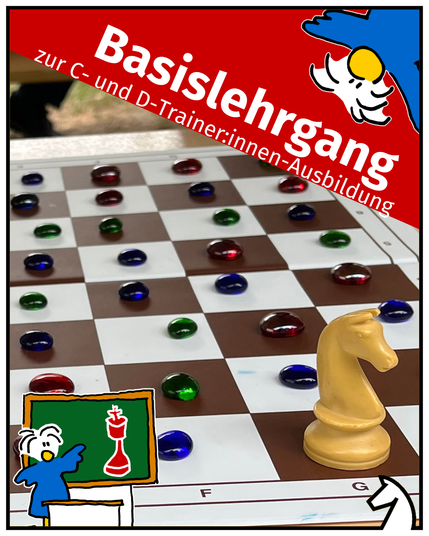 Schachbrett mit einem Springer und vielen bunten Glassteinchen darauf. Schriftzug: Basislehrgang zur C- und D-Trainer:innen-Ausbildung
