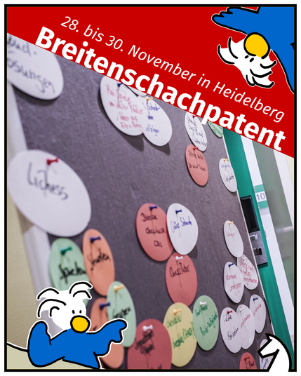 Foto einer Pinnwand mit beschriebenen Zetteln darauf. Text: Breitenschachpatent 28.-30.11. in Heidelberg