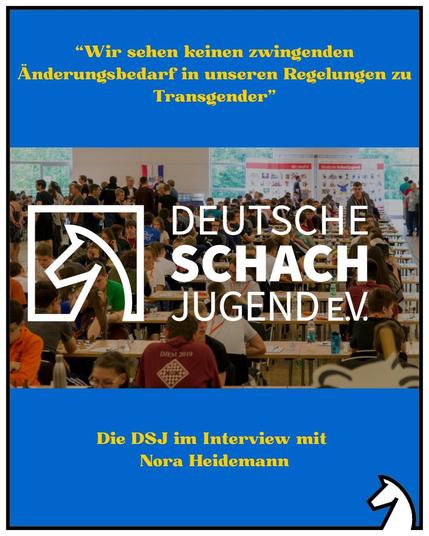 „Wir sehen keinen zwingenden Änderungsbedarf in unseren Regelungen zu Transgender.“ Die DSJ im Interview mit Nora Heidemann. Bild: Logo der DSJ, im Hintergrund eine Aufnahme aus dem Spielsaal der DEM.