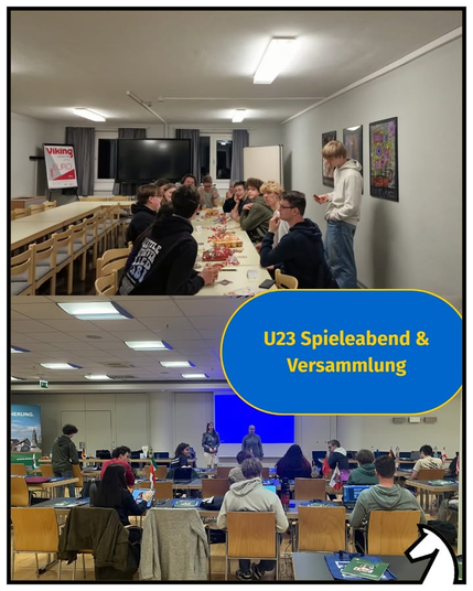 Foto vom U23-Spieleabend am Vorabend: Circa 15 junge Menschen sitzen um einen Tisch, es gibt Süßigkeiten