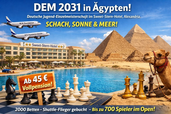 Fotomontage mit einem Hotel, Pyramiden, Schachbrett und Kamel (KI-generiert)