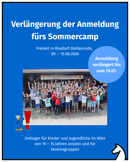 Verlängerung der Anmeldung für das DSJ-Sommercamp!
Ihr habt jetzt noch bis zum 15.07.2026 Zeit, euch anzumelden.
